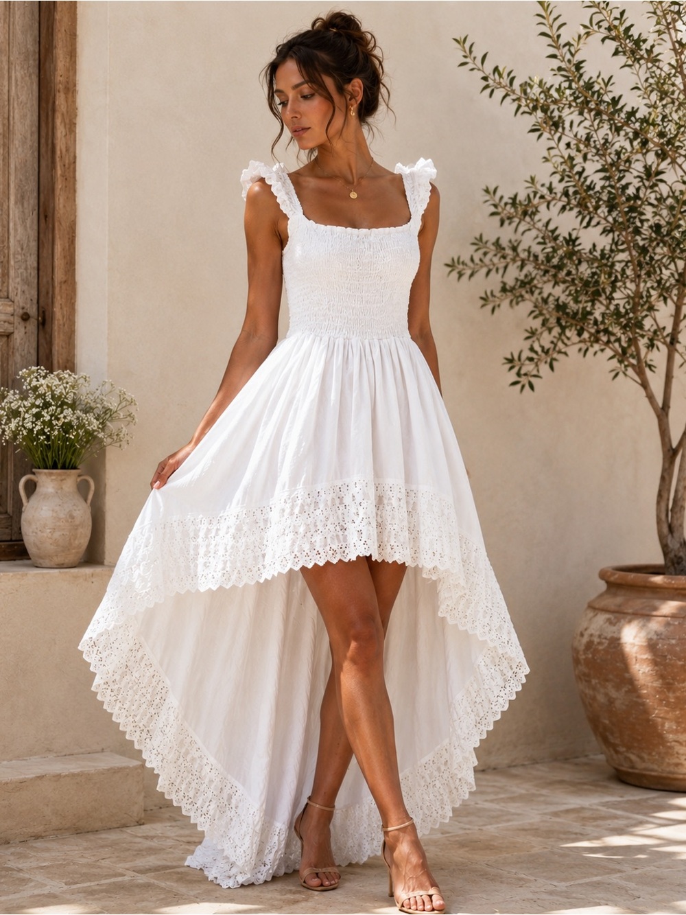 Vintage White High Low Maxi Dress Smocked Eyelet Lace Prairie Cottagecore